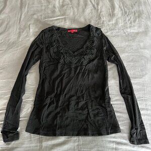 Vivienne Tam Black Long-Sleeved Mesh Blouse with Woven Neckline (S)